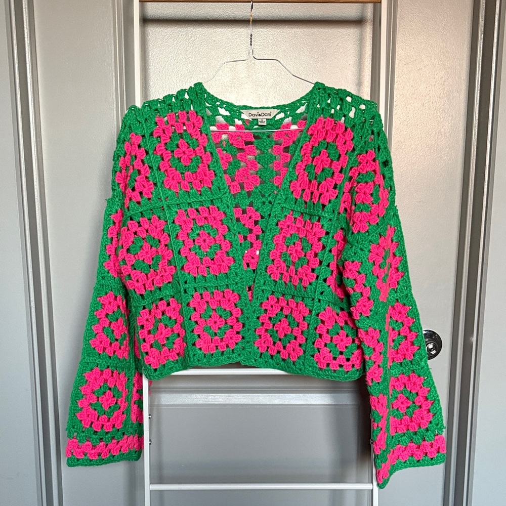 Davi & Dani Vibrant Green and Pink Crochet Sweater